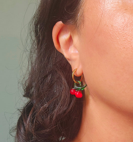 Lampworked glass cherry earrings
